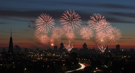 Obraz premium Fireworks celebration city skyline night