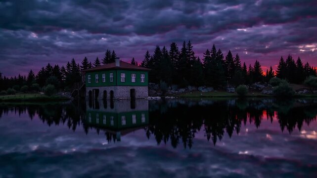 Serene Wooden House by Lake at Sunset in Natural Park