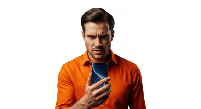 A man in an orange shirt, intensely focused on a smartphone, displaying a frustrated expression.