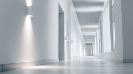 Obraz premium Clean backstage corridor with bright white walls in modern theater design