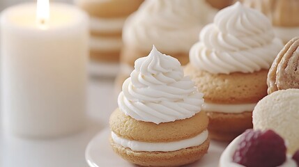 Close-up of delectable pastries with whipped cream.