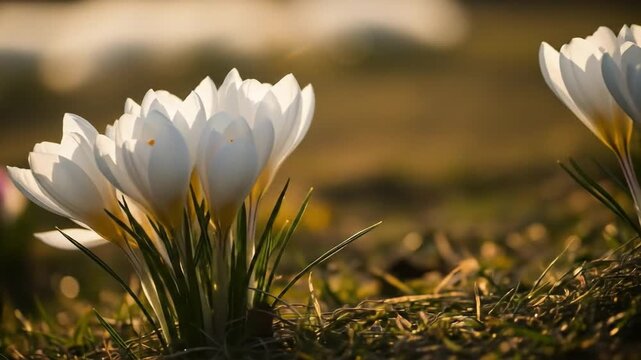 Spring Crocus Blooming in the Meadow: A Close-Up View of Delicate White Flowers