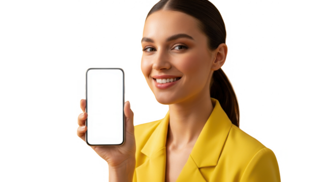 Smiling woman in yellow blazer displays smartphone with blank screen.