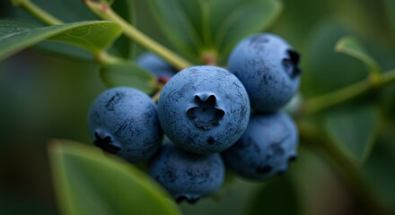 Juicy Blueberry Cluster: A macro shot captures a cluster of plump, juicy blueberries, their vibrant colors and delicate bloom epitomizing freshness and natural goodness, ready to be enjoyed.