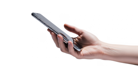 A person's hand holding a sleek, modern smartphone, isolated on white.