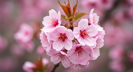 Blossom Cluster in Spring: A close-up showcases a delicate cluster of pink blossoms, their petals radiating soft beauty and highlighting the essence of spring.