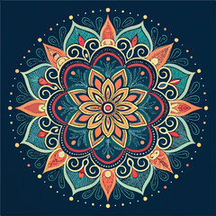 Mandala colorful ornamental design with floral and paisley patterns in a symmetrical circular layout on dark background, perfect for decoration, meditation, yoga, or bohemian-themed art.