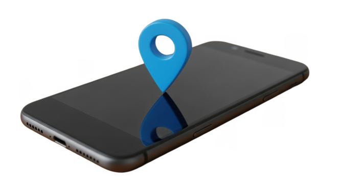 A smartphone with a blue location pin icon, indicating navigation or tracking.