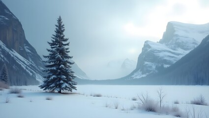 Obraz premium Expansive wide-angle vista of a solitary evergreen tree in winter