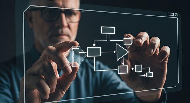 Process mapping concept. Analyst's hands draw a minimal holographic flowchart, visualizing a business workflow for optimization and efficiency.