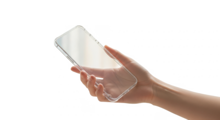 A person's hand delicately holding a transparent phone case against a white background.