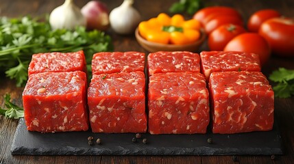 Fresh beef cubes arranged on a slate board.