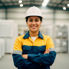 Smiling Woman in Hard Hat Posing in a Warehouse