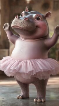 Cute animated hippo dressed as ballerina, standing on tiptoe in ballet pose with arms stretched outwards.