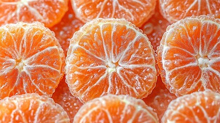 Close-up view of many sliced citrus fruits.