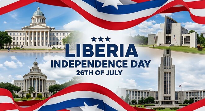 Liberia Independence Day Celebration with National Buildings and Flag Overlay