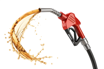 A red fuel pump nozzle with a black hose releases a dynamic arc of golden liquid on AI generated by PNG