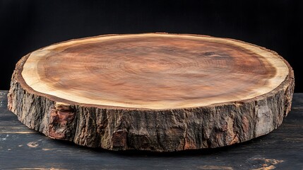 Rustic wooden cutting board shaped like a tree trunk slice.