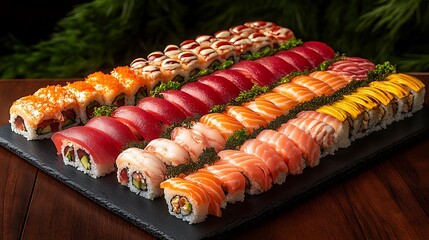 Colorful sushi platter arranged on a dark surface.