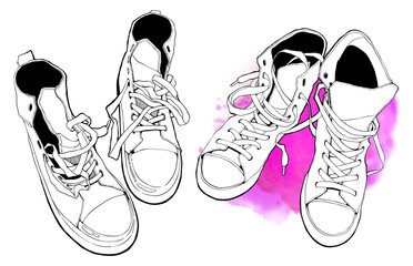 A set of detailed isolated worn sneakers with expressive watercolor splashes. Perfect for textile design, stickers, and creative projects. Mixed media hand drawn worn shoes design. 

