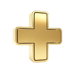 Obraz premium 3d icon of a gleaming golden plus sign, symbolizing health and medical care, is isolated on a clean transparent background