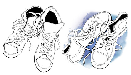A set of detailed isolated worn sneakers with expressive watercolor splashes. Perfect for textile design, stickers, and creative projects. Mixed media hand drawn worn shoes design. 
