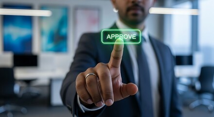 Approval and authorization concept. Close-up of a manager's finger pressing a single holographic "APPROVE" button, which glows green upon interaction.