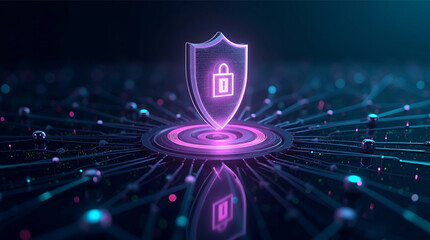 Cybersecurity Shield: Futuristic Neon Glowing Protection Icon on Abstract Network, Digital Data Security Concept,  High-Tech,  Modern Style.