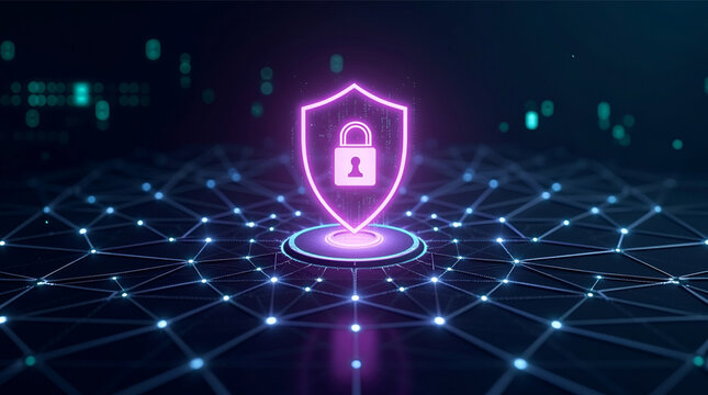 Cybersecurity Network Protection:  Abstract Glowing Shield and Padlock Icon on Futuristic Digital Network Background.