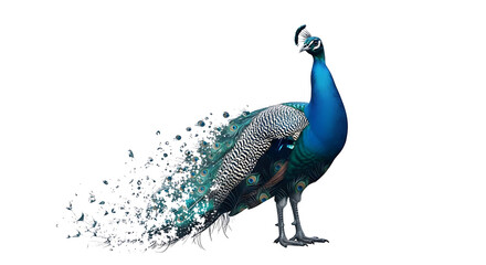 Fototapeta premium Elegant Peacock Dissolving into Pixels Digital Art with Feather Details and Blue Green Hues on White Backdrop ,Transformative Bird Art