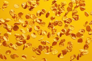 Golden Corn Flakes Floating on a Vibrant Yellow Background, Capturing Breakfast Cereal Movement