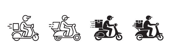 Set of food delivery boy on motorbike icon showing free shipping in  outline and silhouette vector illustration 