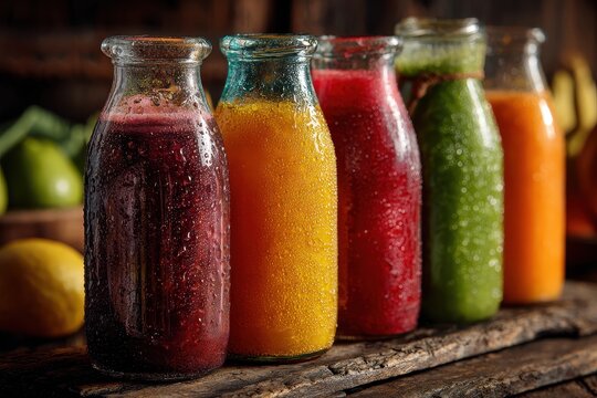 Colorful smoothies in bottles on wood, fruit backdrop. Health food drink concept - Powered by Adobe