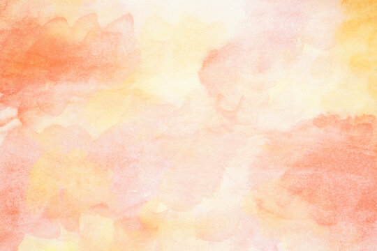 Yellow gold orange coral peach pink lilac purple white abstract watercolor water. Art background. Pastel soft light pale shade. Colorful multicolor spot splash. Sunset sky cloud sun sunny. Design.
