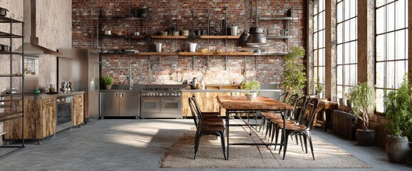 Interior of rustic kitchen with stainless steel appliances, brick walls and a dining table