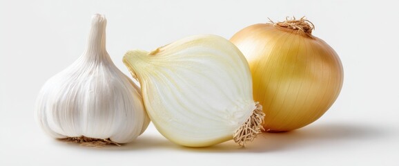 Raw Garlic Bulb, Half Yellow Onion, And Whole Onion On A Clean White Surface