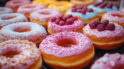 Close-up view of assorted glazed donuts with sprinkles and frosting.