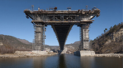 Fototapeta premium New bridge construction over river with scaffolding in clear sky