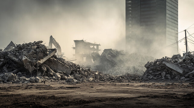 Destruction of a building site during foggy conditions in a city