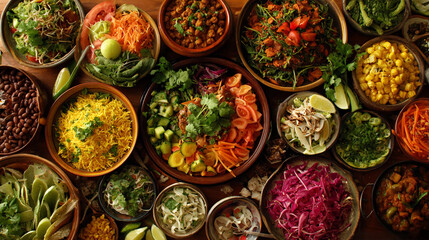 Fototapeta premium Colorful assortment of fresh salads and ingredients at a buffet
