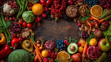 Fresh fruits and vegetables arranged for display on a wooden surface