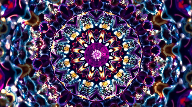 Ai generated image of a vibrant kaleidoscope of purple and blue creates a mesmerizing mandala