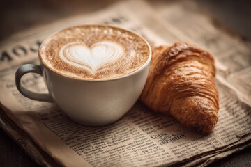 Heart Latte Art & Croissant Breakfast on Paper. Food Blog, Cafe Menu, Mockup
