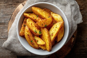 Golden potato wedges glisten in a white bowl atop rustic Wood