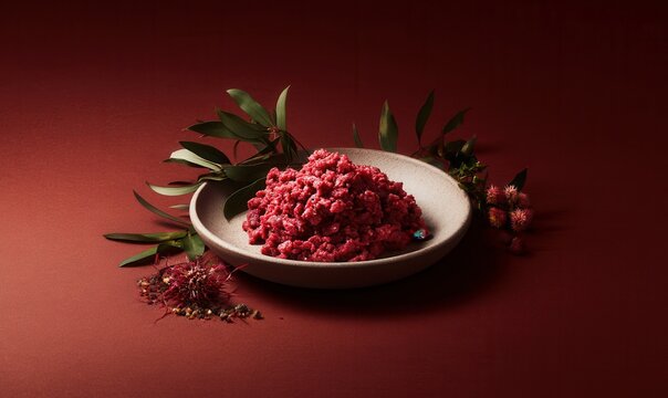 Kitfo Delight on Stone Plate with Burgundy Backdrop for an Elegant Feast