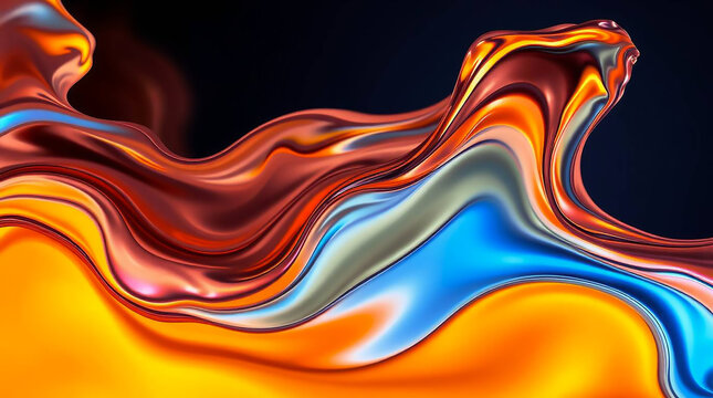 Ai generated image of a vibrant fluid background with metallic sheen and dynamic wave motion