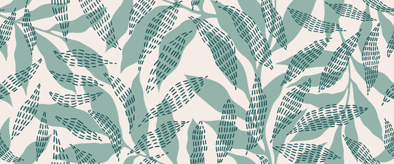 Abstract art vintage colors tropical line art leaves seamless background vector. Wallpaper design with leaves shapes and scribble doodle linear leaf. vintage botanical floral seamless pattern