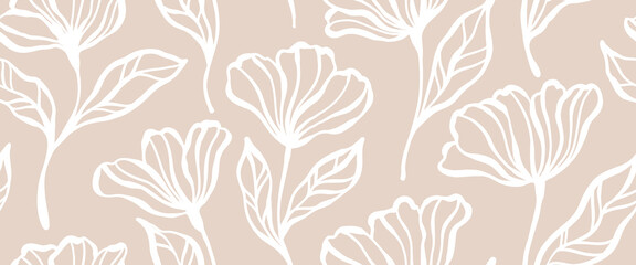 Leaves branch and Hand Drawn doodle Scribble floral plants banner, seamless pattern. Creative minimalist Abstract art background. Design wall decoration, postcard, poster or brochure