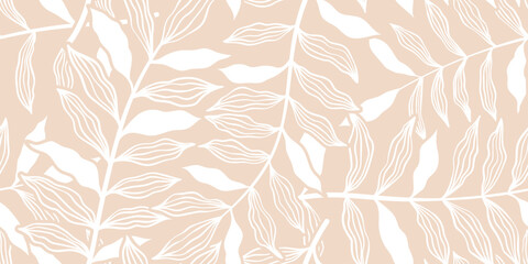 Fototapeta premium Abstract art vintage colors tropical line art leaves seamless background vector. Wallpaper design with leaves shapes and scribble doodle linear leaf. vintage botanical floral seamless pattern