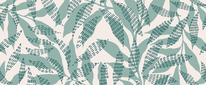 Abstract art vintage colors tropical line art leaves seamless background vector. Wallpaper design with leaves shapes and scribble doodle linear leaf. vintage botanical floral seamless pattern
